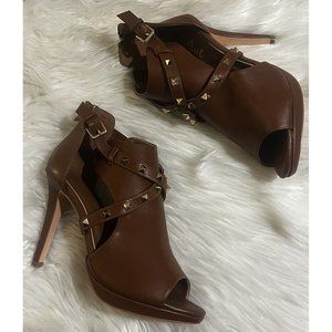 Aiit Womens Studded Ankle Strap Heels Size 40 Tan Brown Peep Toe Faux Leather